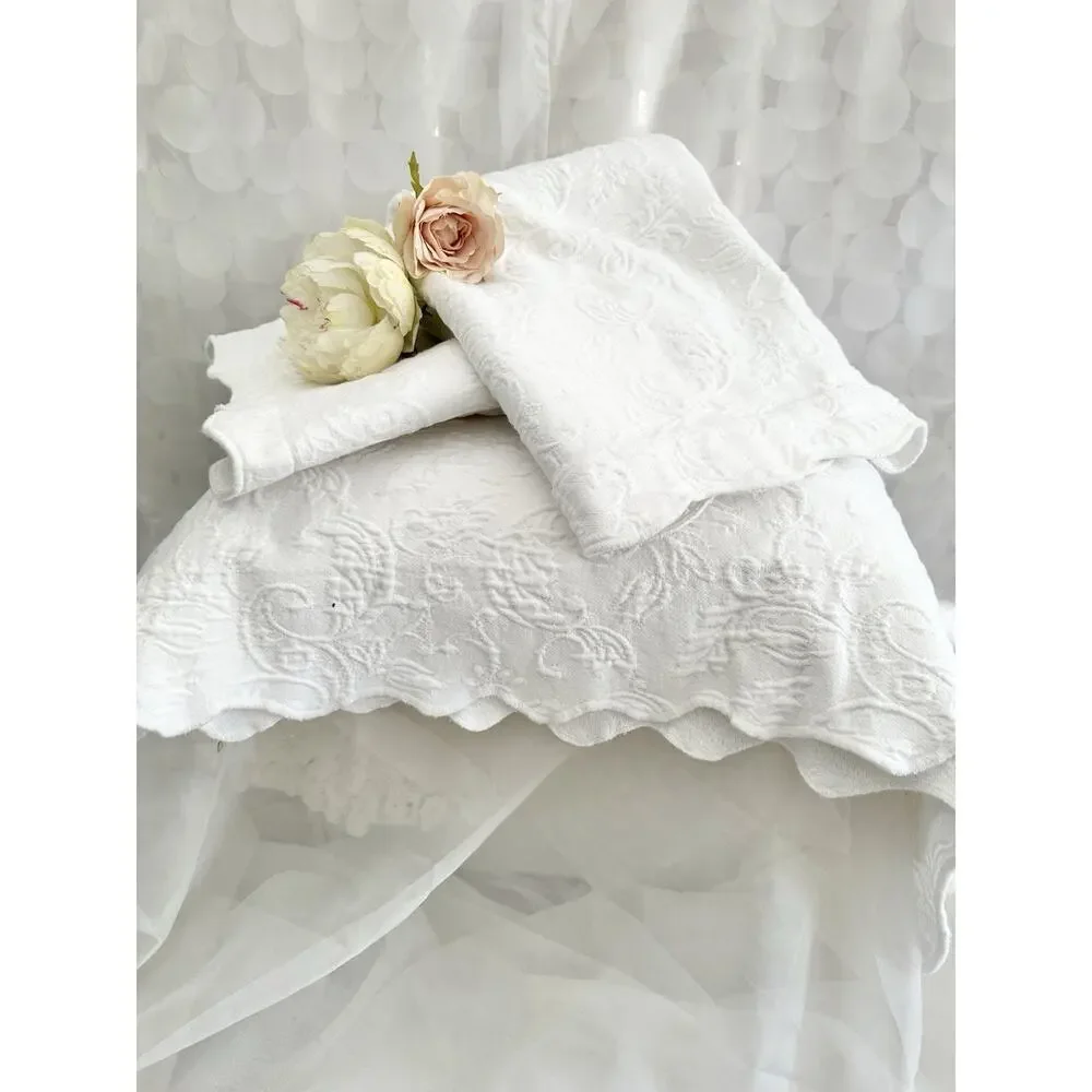 VTG Twin White Matelasse Bedspread 100% Cotton 2 Shams Portugal Fleur De Lis